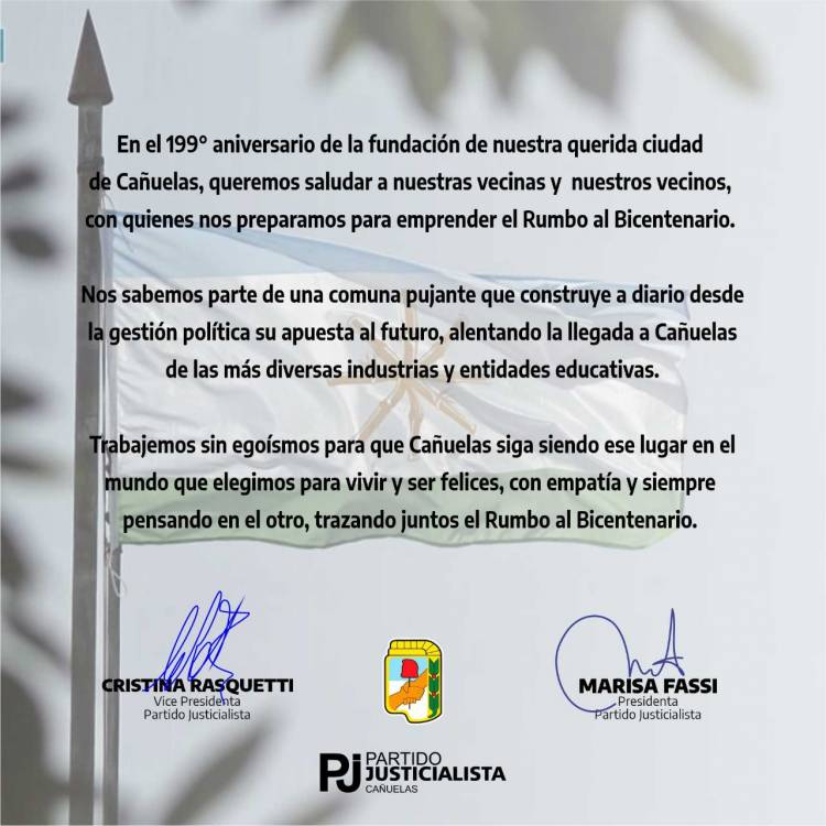 SALUDOS DEL PJ CAÑUELAS EN EL 199° ANIVERSARIO DE LA CIUDAD