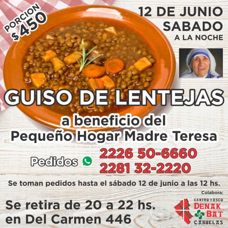 GUISO DE LENTEJAS SOLIDARIO. SÁBADO 12 DE JUNIO