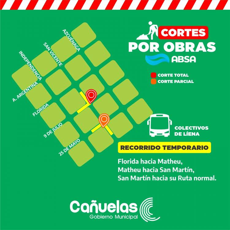 Cortes de tránsito en el centro de Cañuelas por obras de ABSA 
